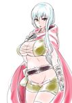  belt breasts cape cecily_(sennen_sensou_aigis) chiyo_koharu cleavage cowboy_shot fingerless_gloves gloves groin large_breasts long_hair looking_at_viewer parted_lips sennen_sensou_aigis short_shorts shorts simple_background solo white_background white_hair 