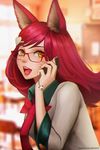  :d academy_ahri ahri animal_ears artist_name blazer blurry blurry_background bow bowtie brown_eyes calling cellphone collared_shirt eyelashes facebook_username facepaint fox_ears glasses green_shirt hair_ornament hairclip heart heart_hair_ornament highres jacket kumiho league_of_legends long_hair long_sleeves looking_at_viewer nail_polish necktie open_mouth phone pink_nails red-framed_eyewear red_bow red_hair red_neckwear sanilea school_uniform shirt smile solo teeth upper_body watermark web_address 