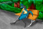  anthro bench black_fur black_nose blue_fur breasts canine female fur lucario mammal nintendo nude outside park plant pok&eacute;mon red_eyes seat sitting skydog solo spikes video_games 