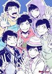  black_hair blue_background brothers derivative_work dress_shirt eyewear_removed half-closed_eyes hat hood hoodie jacket janome_(osmtpippi) layered_clothing male_focus matsuno_choromatsu matsuno_ichimatsu matsuno_juushimatsu matsuno_karamatsu matsuno_osomatsu matsuno_todomatsu multiple_boys necktie osomatsu-kun osomatsu-san overalls polka_dot polka_dot_background porkpie_hat sextuplets shirt siblings smile sunglasses twitter_username v 