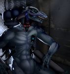  abs alien anthro blue_hair dimikendal101 grey_skin hair helmet inside looking_at_viewer male navel nude sharp_teeth sitting solo spots teeth 