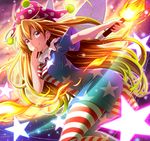 american_flag_dress american_flag_legwear ayase_midori blonde_hair clownpiece fairy_wings hand_to_own_mouth hat jester_cap long_hair looking_at_viewer pantyhose red_eyes smile solo star striped striped_legwear torch touhou very_long_hair wings 