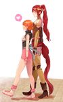  breasts chuu elbow_gloves forehead_protector gloves height_difference highres long_hair multiple_girls nora_valkyrie open_mouth orange_hair pyrrha_nikos red_hair rwby short_hair small_breasts smile 