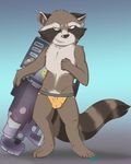  2015 anthro barefoot bulge clothed clothing fluffy_tail front_view guardians_of_the_galaxy gun half-dressed jockstrap looking_away male mammal naughty_face penis penis_tip raccoon ranged_weapon rocket_raccoon sheath signature solo topless underwear weapon zeff 