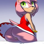  2015 amy_rose anthro bottomless butt clothed clothing cute female fur green_eyes hair half-dressed hedgehog looking_back mammal mobian_(species) pink_fur pink_hair pussy short_hair simple_background sitting skirt solo sonic_(series) upskirt xylas 