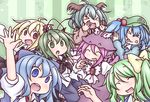  &gt;_&lt; :d :o ^_^ anger_vein animal_ears antennae blonde_hair blue_eyes blue_hair bow cirno closed_eyes daiyousei dog_ears dress fang green_eyes green_hair hair_bow hair_ribbon hat kasodani_kyouko kawashiro_nitori multiple_girls mystia_lorelei open_mouth pink_hair red_eyes ribbon rumia shirt short_hair skirt smile takanoru team_9 touhou two_side_up vest wings wriggle_nightbug 