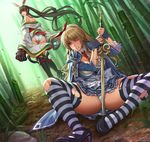  :p alicia_(queen's_blade) ass black_legwear blue_eyes blush breasts brown_eyes brown_hair cleavage gauntlets highres japanese_clothes kaguya_(queen's_blade) large_breasts long_hair multiple_girls panties queen's_blade queen's_blade_grimoire speh striped striped_legwear swimsuit thighhighs thighs tongue tongue_out torn_clothes twintails underwear very_long_hair white_legwear white_panties 
