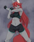  2018 anthro black_clothing breasts canine clothed clothing crop_top digital_media_(artwork) eyebrows female front_view fur grey_background grey_fur kemono looking_at_viewer mammal midriff shirt shorts simple_background smile solo sportswear tank_top tokumori_kaisen 