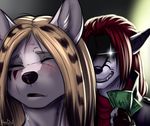  anthro blonde_hair brown_hair canine clothed clothing dimikendal101 duo eyes_closed fangs female fur grey_fur hair mammal money open_mouth simple_background smile teeth tongue white_fur wolf 