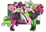  2girls :d ^_^ ^o^ ankle_boots aori_(splatoon) bare_shoulders black_dress black_footwear boots breasts cleavage closed_eyes detached_collar domino_mask dress earrings food_themed_hair_ornament full_body gloves green_hair green_legwear grin hair_ornament half-closed_eyes hands_up hotaru_(splatoon) jewelry leg_up long_hair looking_at_viewer mask medium_breasts multiple_girls one_eye_closed open_mouth pantyhose pointy_ears pose purple_footwear purple_hair purple_legwear short_jumpsuit smile splatoon_(series) splatoon_1 squid standing standing_on_one_leg strapless strapless_dress teeth tentacle_hair very_long_hair white_gloves wong_ying_chee 