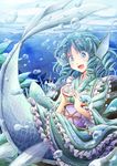  blue_eyes blue_hair blush bubble drill_hair fish head_fins japanese_clothes kimono long_sleeves looking_down mermaid monster_girl obi open_mouth ribbon sash short_hair smile snow_globe snowman solo tamasan touhou underwater wakasagihime water wide_sleeves 