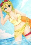  adjusting_goggles ahoge arm_up armpits ass_visible_through_thighs bare_arms bare_shoulders bikini blue_sky breasts cleavage collarbone contrapposto day goggles goggles_on_head green_eyes green_hair gumi hair_between_eyes highres holding horizon innertube kyon9405 light_green_hair lipstick looking_at_viewer makeup medium_breasts navel ocean orange_bikini see-through short_hair sky smile solo splashing standing swimsuit vocaloid wading water 