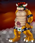  2015 anthro barefoot bowser bulge circumcised clothing digital_media_(artwork) erection horn humanoid_penis koopa looking_at_viewer male mario_bros musclegut naughty_face nintendo nipples open_mouth pecs penis poking_out scalie shell signature simple_background slightly_chubby solo spiked_bracelet standing thick_penis thong video_games zeff 
