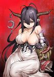  antenna_hair areola_slip areolae bags_under_eyes bandaged_arm bandages black_hair breasts cleavage danua debacoq doll draph dress fingerless_gloves gloves granblue_fantasy hair_between_eyes highres horn_ornament horns large_breasts long_hair looking_at_viewer open_mouth pointy_ears red_eyes sitting solo undressing very_long_hair white_dress 