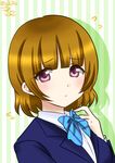  adjusting_collar alternate_hairstyle artist_name bangs blazer blue_bow blue_neckwear blunt_bangs bob_cut bow bowtie brown_hair flying_sweatdrops jacket koizumi_hanayo long_sleeves love_live! love_live!_school_idol_project purple_eyes ribbon ric_(fwpbox) short_hair solo striped striped_background striped_bow striped_neckwear twitter_username uniform upper_body vertical-striped_background vertical_stripes 