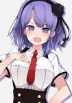  breasts cole dagashi_kashi flower hair_flower hair_ornament hair_ribbon hairband hand_on_own_chest looking_at_viewer medium_breasts necktie open_mouth purple_eyes purple_hair ribbon ringed_eyes shidare_hotaru short_hair solo 