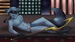  2015 anthro athletic bulge clothing digital_media_(artwork) domino_mask fluffy_tail holding_weapon inviting jockstrap looking_at_viewer lying male mammal naughty_face navel on_back pecs raccoon reclining side_view signature sly_cooper sly_cooper_(series) solo standing underwear weapon zeff 