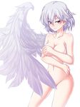  angel_wings arm_around_waist benizuwai braid breasts collarbone covering covering_breasts cowboy_shot eyes_visible_through_hair feathered_wings french_braid grey_hair grey_wings half-closed_eyes highres hips kishin_sagume looking_at_viewer medium_breasts navel neck nude red_eyes shiny shiny_skin short_hair single_wing solo thighs touhou wing_censor wings 