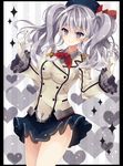  blue_eyes breasts epaulettes gloves hat highres kantai_collection kashima_(kantai_collection) large_breasts military military_uniform miniskirt runako silver_hair skirt smile solo twintails uniform 