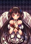  angel_wings argyle argyle_background bangs bare_shoulders black_hair blue_eyes blue_flower blue_nails blue_rose blush breasts cleavage cowboy_shot detached_sleeves dress feathered_wings flower green_nails hair_flower hair_ornament hair_ribbon hairband heterochromia horns jewelry laces large_breasts long_hair looking_at_viewer nail_polish necklace nemuri_nemu original pearl_necklace pointy_ears purple_flower purple_nails purple_rose red_eyes red_flower red_nails red_rose ribbon ribbon-trimmed_skirt ribbon_trim ring rose signature smile solo strapless strapless_dress underboob very_long_hair white_wings wings wrist_cuffs yellow_nails 