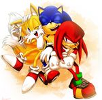  3boys annoyed anthro black_nose canine clothing echidna eyes_closed footwear fox fur furry gloves group happy hedgehog hug knuckles_the_echidna male mammal miles_prower monotreme multiple_boys one_eye_closed sega sonic sonic_(series) sonic_the_hedgehog tail unknown_artist video_games white_fur wink yellow_fur 