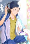  alternate_eye_color atsushi_toushirou black_hair contemporary headphones male_focus morning6am sitting smile solo touken_ranbu track_suit yellow_eyes 