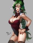  animal_ears bow braid breasts brown_hair bunny_ears bunny_girl bunnysuit byam cleavage detached_collar earrings green_eyes green_hair hair_between_eyes hands_on_hips heart jewelry large_breasts long_hair original parted_lips single_braid solo thighhighs very_long_hair wrist_cuffs 