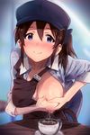  apron aumann bad_id bad_pixiv_id bent_over black_apron blue_eyes blush breasts brown_hair character_name coffee cup employee_uniform hat idolmaster idolmaster_million_live! lactation large_breasts looking_at_viewer name_tag nipples nose_blush one_breast_out open_clothes open_shirt satake_minako shirt smile solo uniform 