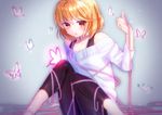  blonde_hair brown_eyes bug butterfly entangled insect kaniku knit_(pop'n_music) leggings off-shoulder_sweater pop'n_music solo string_around_finger sweater 