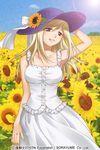  blonde_hair bow breasts brown_eyes day dress field flower flower_field higurashi_no_naku_koro_ni izumi_natsuka long_hair medium_breasts open_mouth sky smile solo sunflower sunlight takano_miyo white_dress 