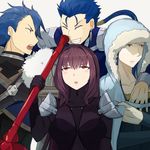  3boys ^_^ armor blue_hair blush bodysuit breasts clenched_teeth closed_eyes cu_chulainn_(fate/grand_order) cu_chulainn_(fate/prototype) fate/grand_order fate/prototype fate/stay_night fate_(series) fur_trim gae_bolg grey_background hood hsin lancer large_breasts long_hair md5_mismatch multiple_boys ponytail purple_hair red_eyes scathach_(fate)_(all) scathach_(fate/grand_order) simple_background skin_tight smile teeth 