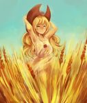  absurdres alternate_hairstyle apple applejack artist_request blonde_hair cowboy_hat food freckles fruit hat highres long_hair my_little_pony my_little_pony_friendship_is_magic solo spice_and_wolf wheat yellow_eyes 