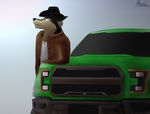  anthro canine clothed clothing cowboy_hat dog gangstaguru german_shepherd hat looking_away male mammal ranger simple_background solo truck vehicle white_background wolf yellow_eyes 