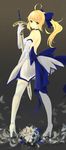  absurdres ahoge artoria_pendragon_(all) backless_dress backless_outfit blonde_hair blue_ribbon bouquet breasts caliburn dre dress elbow_gloves fate/stay_night fate_(series) flower gloves green_eyes grey_background hair_ribbon high_heels highres long_hair looking_at_viewer medium_breasts ponytail profile ribbon saber sideboob solo strapless strapless_dress sword thighhighs weapon 
