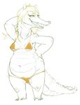  alligator bikini blonde_hair breasts caimon camel_toe clothed clothing female hair half-closed_eyes looking_at_viewer monstro_village morbi navel nipple_bulge reptile scalie sharp_teeth simple_background skimpy slightly_chubby smile snout solo standing swimsuit teeth tongue white_background 