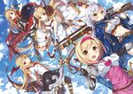  :d :o ahoge anila_(granblue_fantasy) armor belt blonde_hair blue_eyes blue_sky brown_eyes cagliostro_(granblue_fantasy) cloak cloud day djeeta_(granblue_fantasy) dragon draph fighter_(granblue_fantasy) flying frilled_skirt frills gauntlets granblue_fantasy gun hairband head_wings horns kantoku_(style) long_hair looking_at_viewer midriff multiple_girls navel open_mouth parted_lips polearm rifle shingeki_no_bahamut short_hair silva_(granblue_fantasy) silver_hair skirt sky smile spiked_hairband spikes stomach taiyaki_(astre) teeth thighhighs vampy weapon 