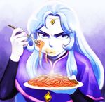  annoyed bangs blue_eyes capelet eating food forehead_jewel fork lafolie long_sleeves majokko_megu-chan non_gou pale_skin parted_bangs pasta plate serious solo spaghetti upper_body white_hair 