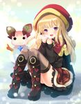  :3 :d azuma_yuki bangs black_legwear blonde_hair boots bow bowtie breath cagliostro_(granblue_fantasy) cloak full_body granblue_fantasy hood hooded_cloak lace lace-trimmed_skirt long_hair long_sleeves looking_at_viewer open_mouth purple_eyes red_bow signature sitting skirt smile snow snowing snowman solo sweater thighhighs upskirt 