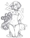  akiyama_yukari ban bikini breasts commentary_request girls_und_panzer gloves highres kneeling monochrome navel salute short_hair sketch small_breasts swimsuit 