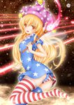  :d alternate_legwear american_flag_dress american_flag_legwear american_flag_panties ass blonde_hair blush clownpiece dress earth fire flame hair_between_eyes hat highres holding jester_cap laser long_hair looking_at_viewer microdress moon open_mouth planet red_eyes short_sleeves smile solo space star star_print striped striped_legwear sturm_(arowana_kingyo) thighs torch touhou very_long_hair 