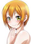  blush hair_between_eyes hands_together hoshizora_rin looking_at_viewer love_live! love_live!_school_idol_project nail_polish nanno_koto nude orange_hair pink_nails short_hair simple_background smile solo upper_body white_background yellow_eyes 