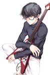  barefoot black_hair brown_eyes damaged flying_v fujicue!!!_~fuji_cue's_music~ glasses guitar highres indian_style instrument looking_away male_focus oboredani_yousuke original ribbed_sweater sitting solo sweater taguchi_shouichi turtleneck 