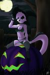  2015 absurd_res anthro bedroom_eyes bra breasts canine clothed clothing dreamkeepers female fur garter_belt half-closed_eyes hat hi_res jack_o&#039;_lantern legwear looking_at_viewer mammal moon navel panties pink_fur pumpkin seductive skimpy solo thigh_highs underwear viriathus witch_hat zagura 