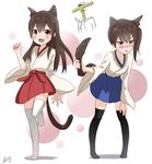 2girls :d admiral_(kantai_collection) akagi_(kantai_collection) animal_ears black_legwear blush brown_eyes brown_hair bu_li cat_ears cat_tail fang highres japanese_clothes kaga_(kantai_collection) kantai_collection kemonomimi_mode long_hair looking_at_viewer miko multiple_girls open_mouth side_ponytail smile standing standing_on_one_leg sweatdrop t-head_admiral tail tail_grab thighhighs thumbs_up whiskers white_legwear younger 