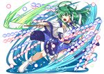  boots danmaku detached_sleeves downscaled frog_hair_ornament full_body gohei green_eyes green_hair hair_ornament hair_tubes japanese_clothes kochiya_sanae kozakura_(dictionary) long_hair long_sleeves looking_away md5_mismatch midriff miko navel open_mouth outstretched_arm parody puzzle_&amp;_dragons resized sarashi shirt skirt snake_hair_ornament solo star touhou white_background wide_sleeves 