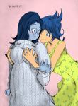  absurdres bdoan10695 blue_hair blue_skin blush breast_grab grabbing grabbing_from_behind highres inside_out joy_(inside_out) multiple_girls open_mouth pink_background pullover sadness_(inside_out) simple_background skirt sweater yuri 