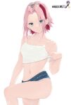  1girl bare_arms bare_legs blue_shorts breasts closed_mouth collarbone eyes_visible_through_hair green_eyes hair_intakes hair_over_one_eye haruno_sakura headband leg_up lifted_by_self looking_at_viewer medium_hair micro_shorts midriff multiple_girls naruto_(series) naruto_shippuuden navel pink_hair red_headband shiny shiny_hair shorts simple_background small_breasts smile solo spaghetti_strap stomach tank_top wakkuchin20 white_background white_tank_top 