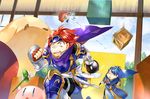  animal armor blue_eyes blue_hair cape cloud crossover cube day falling fire_emblem fire_emblem:_akatsuki_no_megami fire_emblem:_fuuin_no_tsurugi fire_emblem:_monshou_no_nazo fire_emblem:_souen_no_kiseki gloves headband holding ike jumping kicking kirby kirby_(series) looking_at_another looking_back marth motion_blur multiple_boys multiple_crossover noki_(affabile) open_mouth oversized_animal red_gloves red_hair roy_(fire_emblem) running scared sky super_smash_bros. sweatdrop teeth 