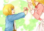  1girl apron armin_arlert blonde_hair blue_eyes flower head_out_of_frame long_hair mother_and_son moxue_qianxi shingeki_no_kyojin suspenders 