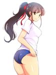  ass black_hair brown_eyes buruma gym_shirt gym_uniform long_hair neko_kuruto original panties panty_peek ponytail shirt sidelocks solo standing underwear 